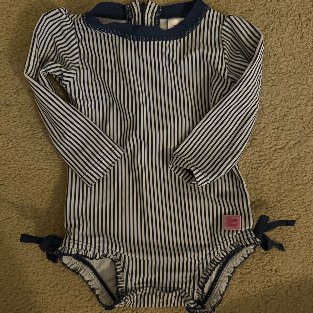 Navy and white stripped ruffle butts baby girl bathing suit